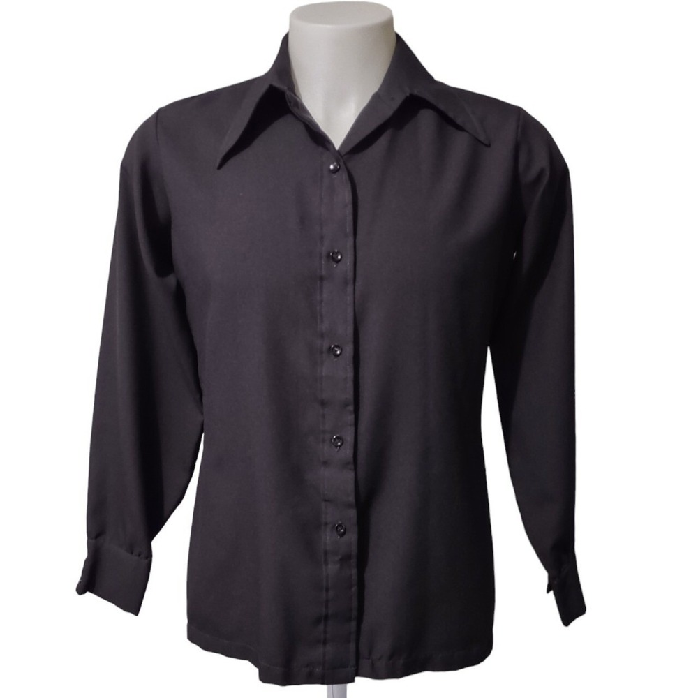 Vintage Womens Blouse Size 18 Pointed collar Button up Shapely Black Barrel Cuff